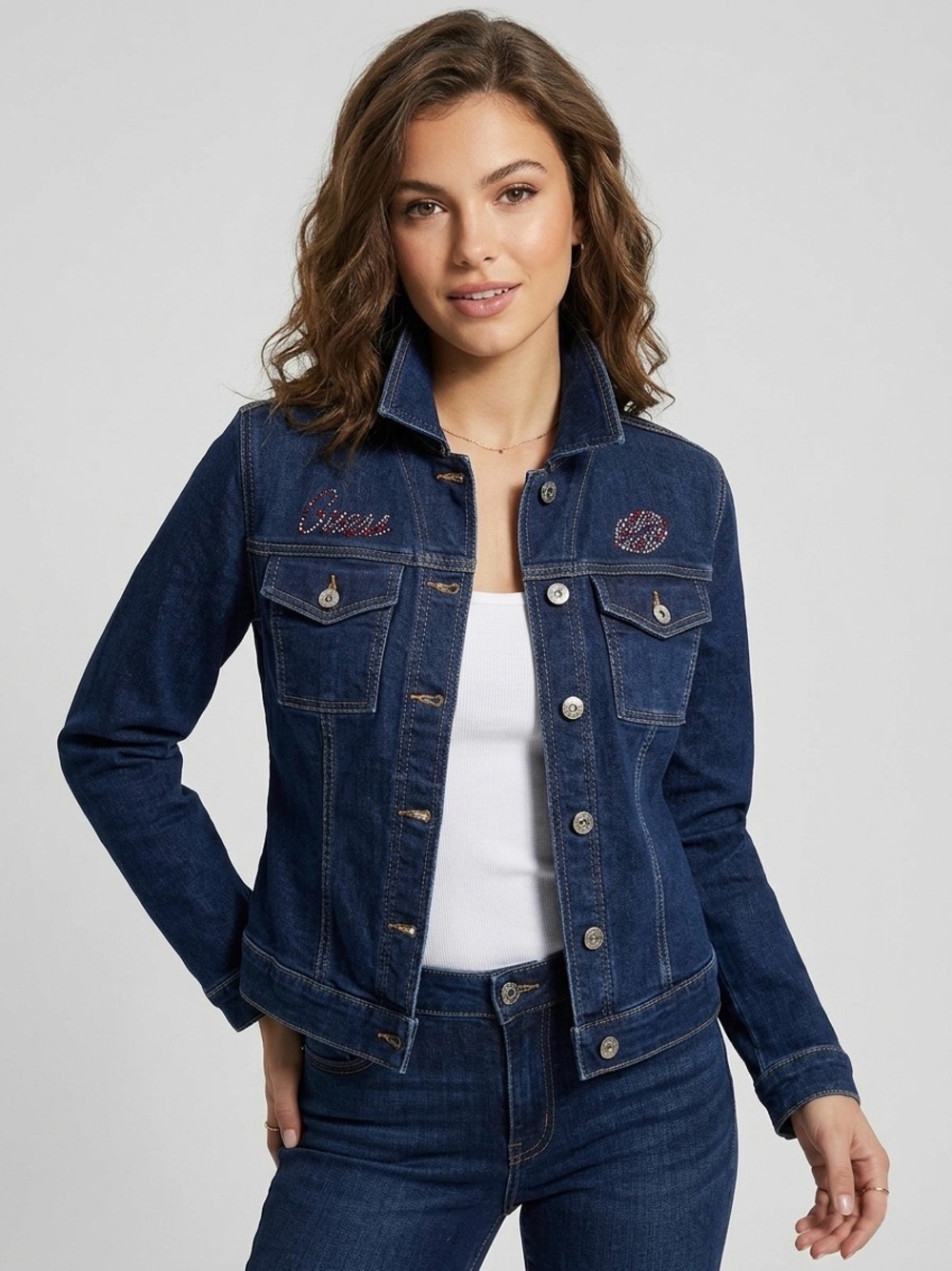 Y2K GUESS Dark Wash Stretch Denim Jacket Bedazzled Rhinestones